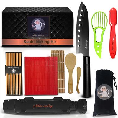 Albino monkey Sushi Making Kit for Beginners with Bazooka, Sashimi Knife, 2 Mats (Bamboo/Dishwasher-Safe PP), Nigiri Mold & Avocado Slicer | Food-Safe, Giftable, Step-by-Step Video Guide