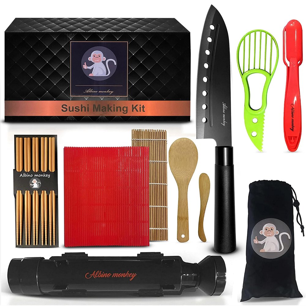 Albino monkey Sushi Making Kit for Beginners with Bazooka, Sashimi Knife, 2 Mats (Bamboo/Dishwasher-Safe PP), Nigiri Mold & Avocado Slicer | Food-Safe, Giftable, Step-by-Step Video Guide