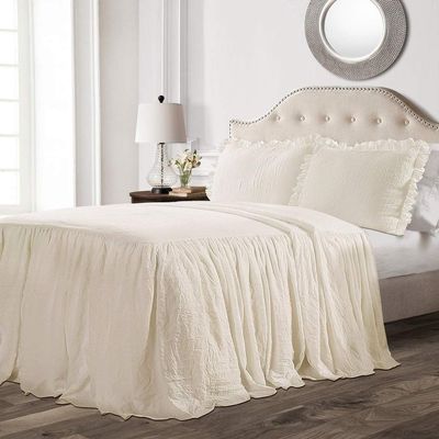 3pc Vintage Style Ivory Beige Farmhouse Bedding Sets Queen Allseason Beautiful Down Ruffled Skirt Casual Fluffy Solid Color Shabby Chic Oversize Bedspread Lightweight Cozy Soft Bed Decor Sham Included