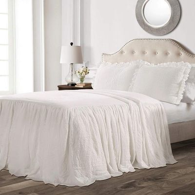 3pc Vintage Style Pearl White Farmhouse Bedding Sets Full All Season Beautiful Down Ruffled Skirt Casual Fluffy Solid Color Shabby Chic Oversize Bedspread Lightweight Cozy Soft Bed Decor Sham Included