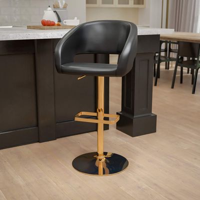 EMMA + OLIVER Shae Adjustable Height Barstool - Black Vinyl Upholstery - Rounded Cutout Mid-Back - Foam Padding - Swivel Seat - Gold Pedestal Base