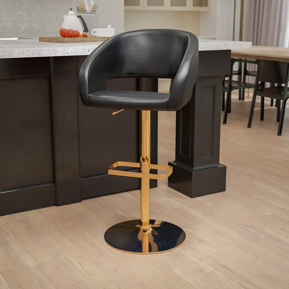EMMA + OLIVER Shae Adjustable Height Barstool - Black Vinyl Upholstery - Rounded Cutout Mid-Back - Foam Padding - Swivel Seat - Gold Pedestal Base