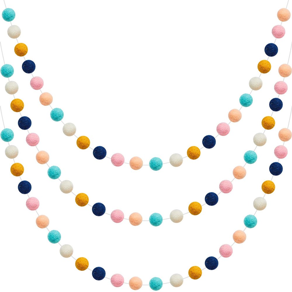 WILLBOND 3 Pieces Wool Felt Rainbow Ball Garland Colorful Pom Pom 6.5 ft Long 24 Ball Garland for Easter Mardi Gras Classroom Halloween Thanksgiving Xmas (Cute Colors)