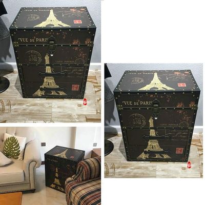 DANADESK Vintage Wood Leather Nightstand, Sofa Side Chest End Table Storage Organizer w/2 Drawer Industrial Style Bedside Table for Bedroom (Color : Eiffel Tower, Size : 20x14x24inch)