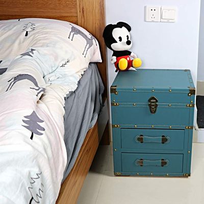 DANADESK Vintage Wood Leather Nightstand, Sofa Side Chest End Table Storage Organizer w/2 Drawer Industrial Style Bedside Table for Bedroom (Color : Dark Blue, Size : 16x14x20inch)
