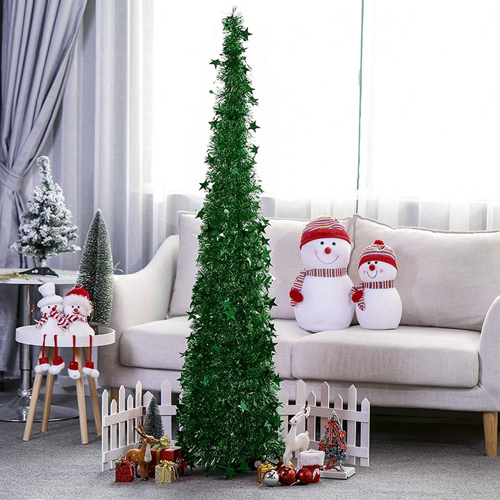 4ft Green Glittery Tinsel Christmas Tree, Holiday Decoration Artificial Christmas Tree Metal Stand, Xmas Trees with Plump Sequin for Holiday Decor - Easy to Assemble