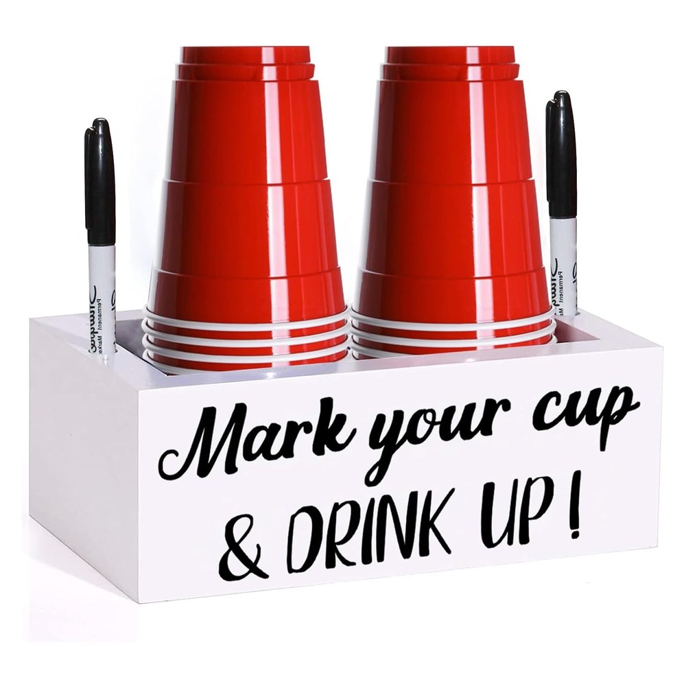 Double Disposable Cup Holder with Marker Slot Wooden Mark Your Cup and Drink Up 2 Sides Designs Drink Dispensers for Parties Farmhouse Bar Christmas Housewarming Party Holiday Decor Hostess Gifts