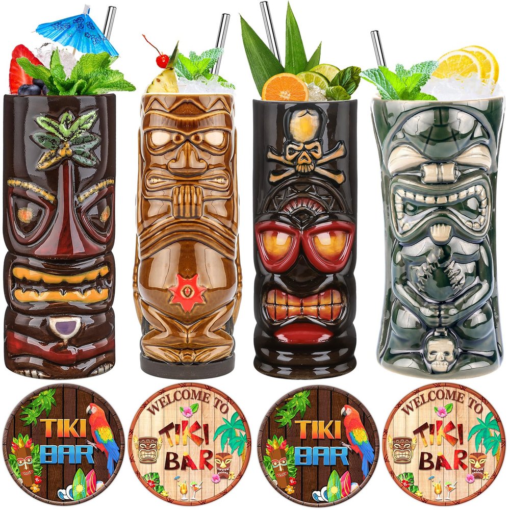 SuproBarware Tiki Mugs Set of 4 Large Ceramic Tiki Glasses Hawaiian Luau Party Mugs Drinkware Tiki Bar Mugs for Cocktails