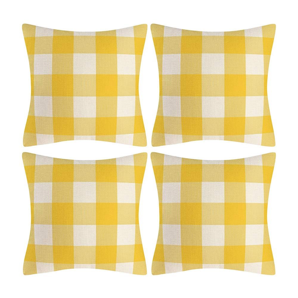 AHAHM Yellow and White Buffalo Check Plaid Throw Pillow Covers Farmhouse Decorative Throw Pillow Case Indoor Outdoor Cushion Cover Pillowcase for Sofa 18X18 Inch Set of 4