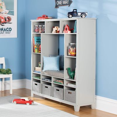 Martha Stewart Kids' Storage System (Gray)  Wood Bookshelf Cubby with Seat Cushion, Shelves and Storage Bins; Reading Nook Bookcase and Kids Room Bench