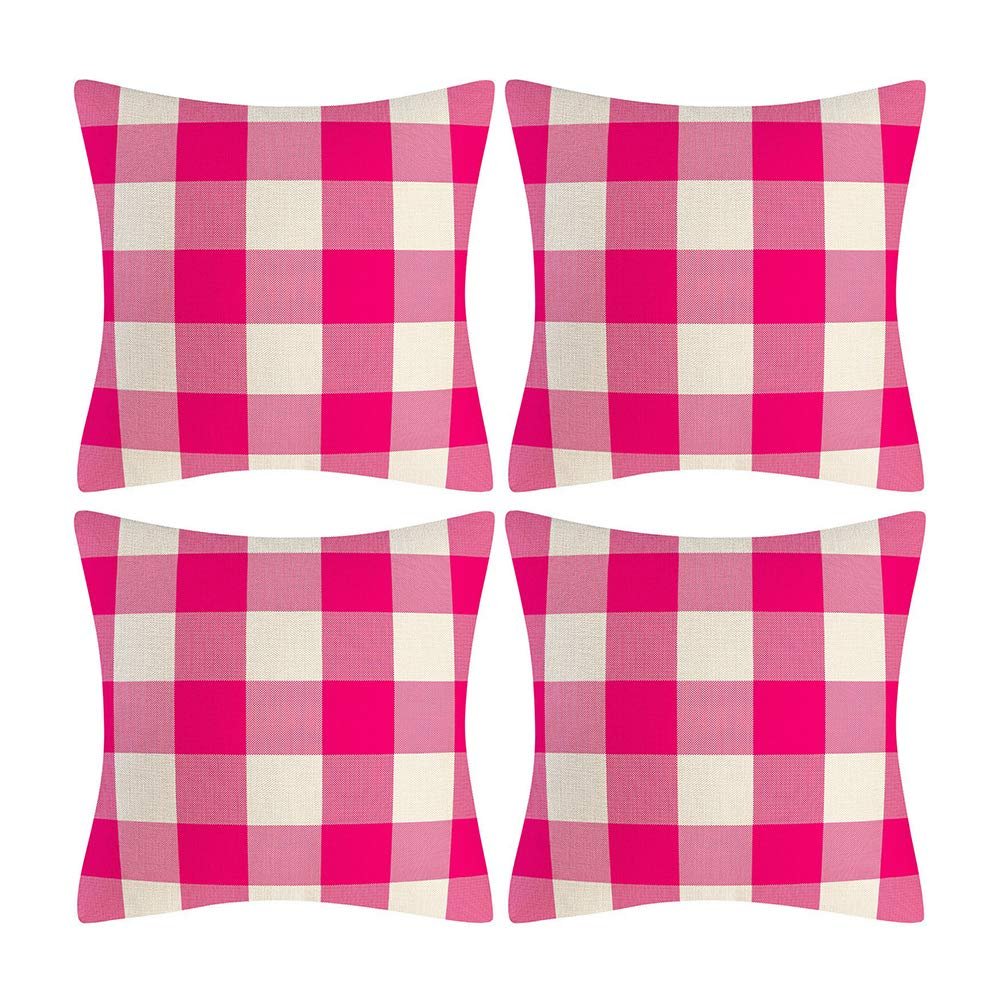 AHAHM Pink and White Buffalo Check Plaid Throw Pillow Covers Farmhouse Decorative Throw Pillow Case Indoor Outdoor Cushion Cover Pillowcase for Sofa 18X18 Inch Set of 4