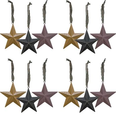 12 Primitive Barn Star Ornaments | Rustic Country Christmas Tree Americana Patriotic Metal Ornaments | 3.25 inch | 3 Colors with Gingham Hangers