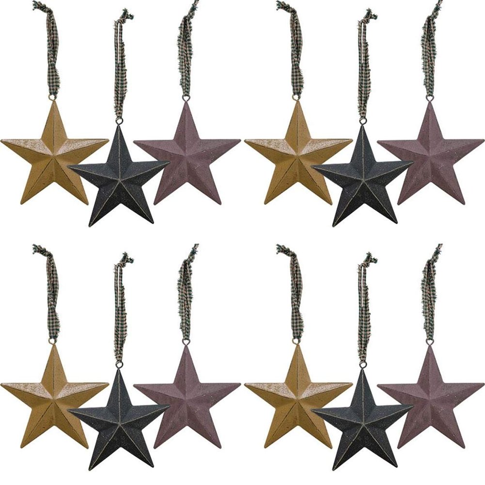12 Primitive Barn Star Ornaments | Rustic Country Christmas Tree Americana Patriotic Metal Ornaments | 3.25 inch | 3 Colors with Gingham Hangers