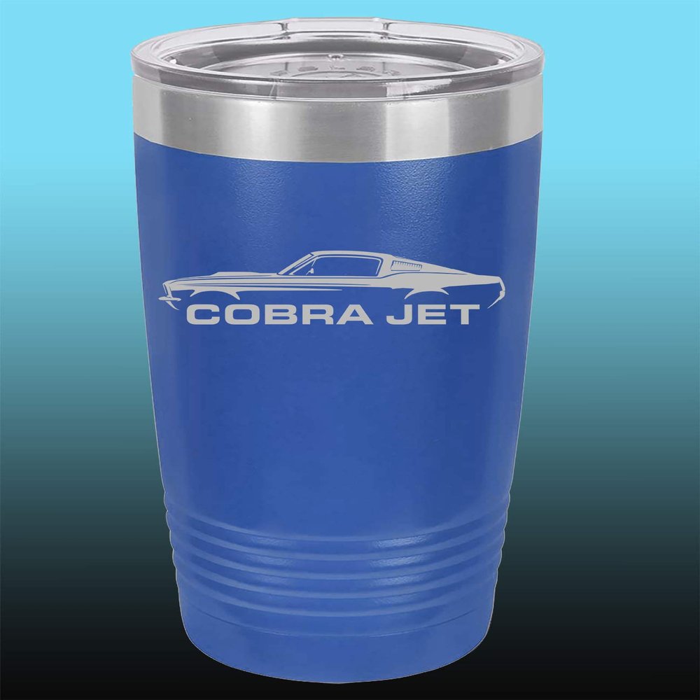 1968 Ford Cobra Jet Mustang 20oz Stainless Steel Tumbler w/Clear Lid royal