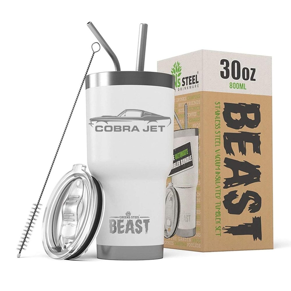 1968 Ford Cobra Jet Mustang 30 oz Stainless Steel Insulated Tumbler w/Lid, 2 Straws, Brush and Gift Box white