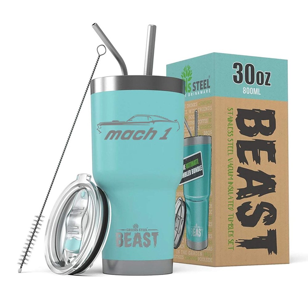 1969 Mach 1 Mustang Beast 30 oz Stainless Steel Insulated Tumbler w/Lid, 2 Straws, Brush and Gift Box aqua