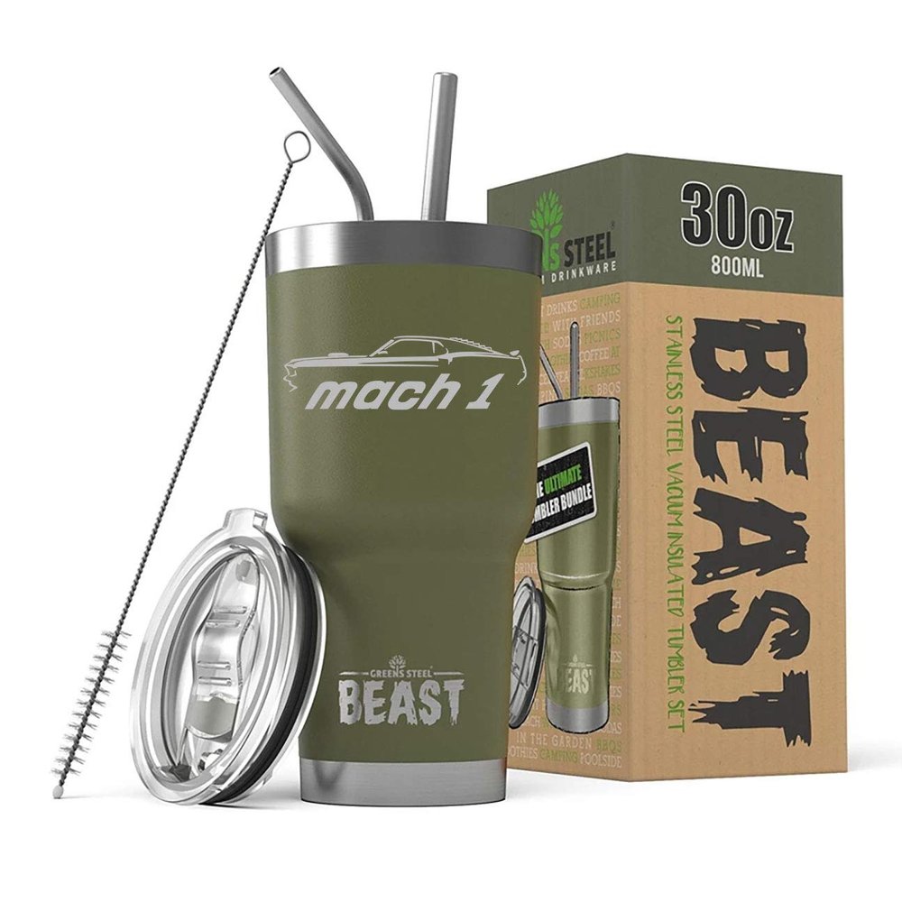 1969 Mach 1 Mustang Beast 30 oz Stainless Steel Insulated Tumbler w/Lid, 2 Straws, Brush and Gift Box army