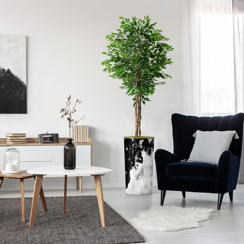 Artificial Tree in Contemporary Granite Effect Planter, Fake Ficus Silk Tree for Indoor and Outdoor Home Decoration - 75" Overall Tall (Plant Pot Plus Tree)