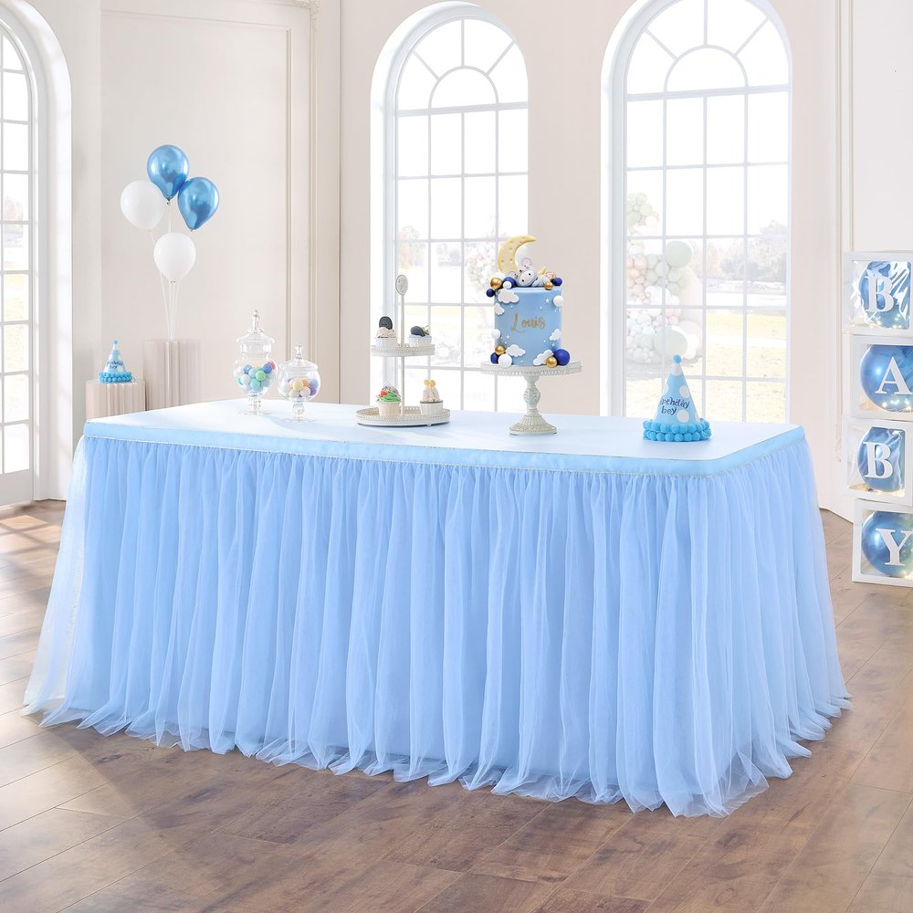108in Baby Blue Tulle Table Skirts for Rectangle Tables 6/8/4ft, 2-Layer Gold Grim Ruffle Tulle Tutu Blue Cloth Table Skirt 9ft Decor Boy Birthday Party Baby Shower Cake Dessert Tables(No Table Cover)