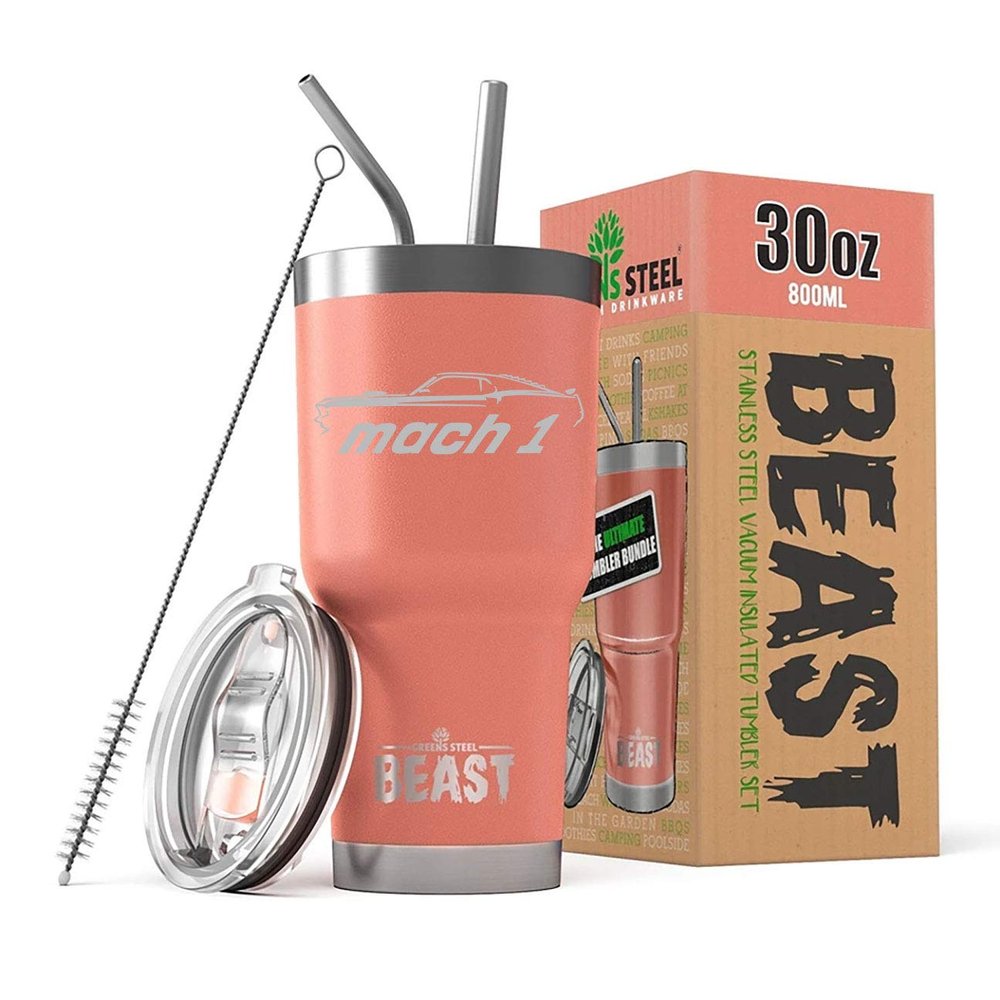 1969 Mach 1 Mustang Beast 30 oz Stainless Steel Insulated Tumbler w/Lid, 2 Straws, Brush and Gift Box pink
