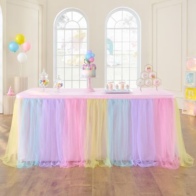108in Rainbow Tulle Table Skirts for Rectangle Tables 6/8/4ft, 2-Layer Pastel Color Unicorn Ruffle Tulle Tutu Cloth Table Skirt 9ft for Girl Birthday Party Baby Shower Cake Dessert(No Table Cover)
