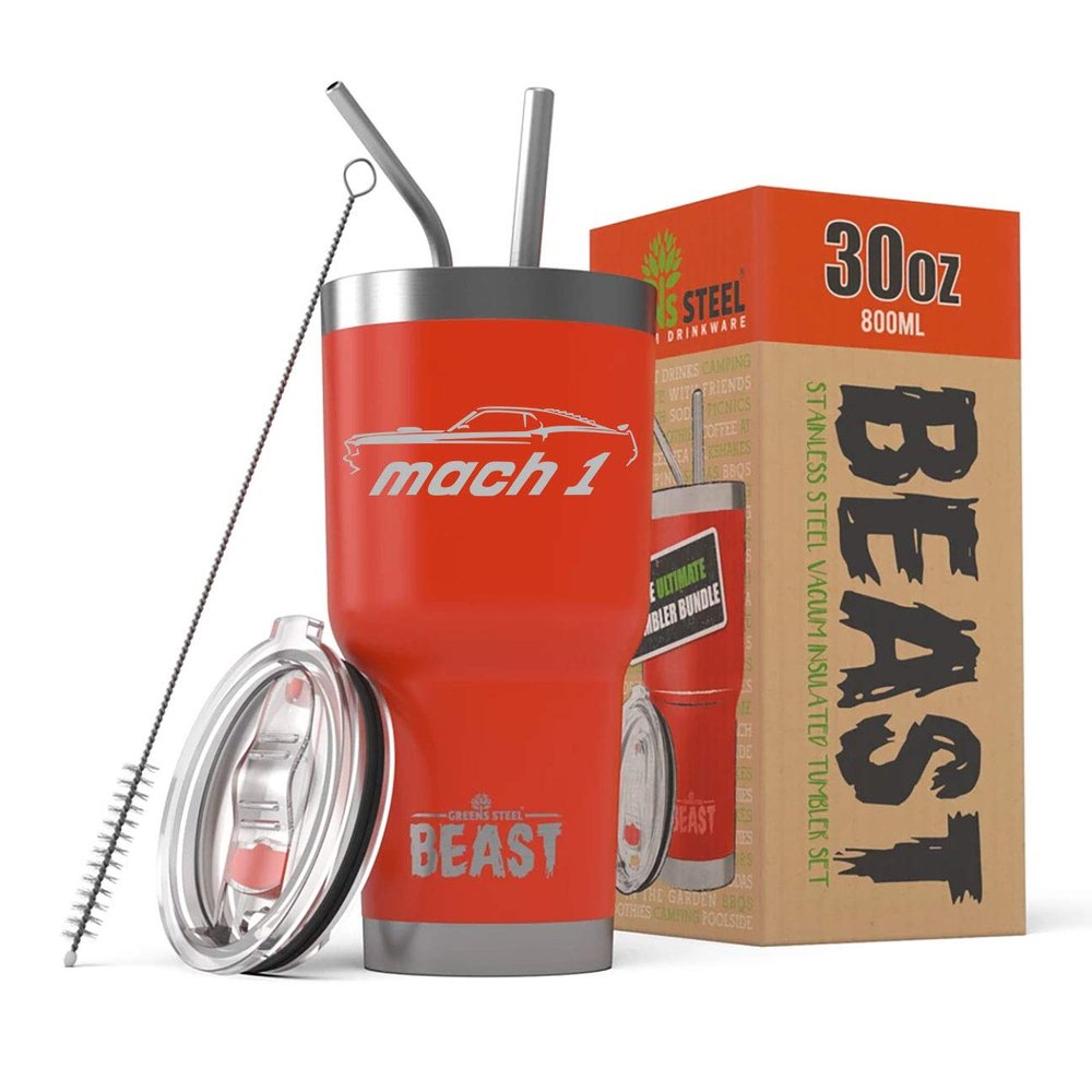 1969 Mach 1 Mustang Beast 30 oz Stainless Steel Insulated Tumbler w/Lid, 2 Straws, Brush and Gift Box red