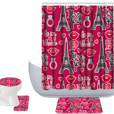 Amagical Eiffel Tower Kiss Heart Valentine's Day Pattern 4 Piece Bathroom Mat Set Shower Curtain Set Bath Mat Contour Mat Toilet Cover Shower Curtian 12 Hooks