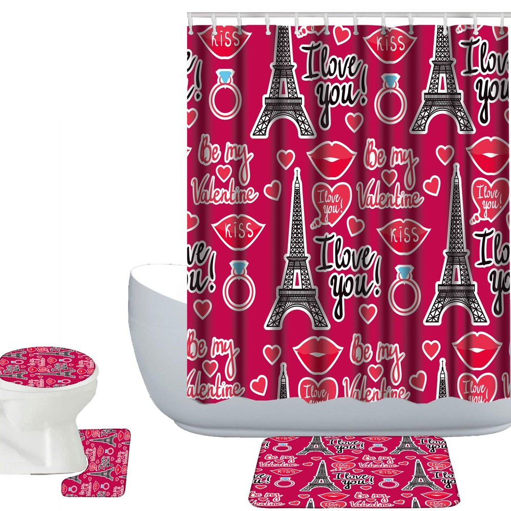 Amagical Eiffel Tower Kiss Heart Valentine's Day Pattern 4 Piece Bathroom Mat Set Shower Curtain Set Bath Mat Contour Mat Toilet Cover Shower Curtian 12 Hooks