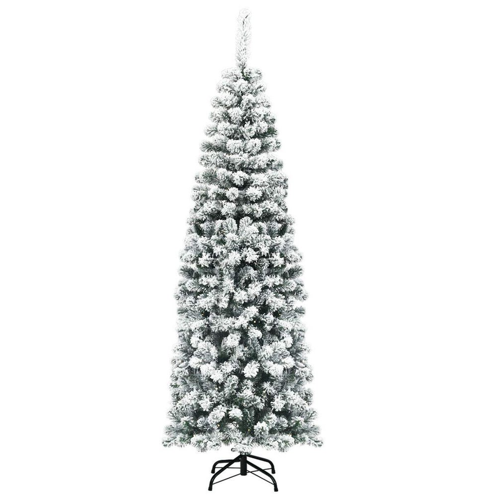 6Ft Unlit Hinged Snow Flocked Artificial Pencil Christmas Tree w/ 500 Branch Tip