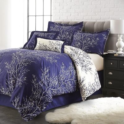 Spirit Linen - Queen Bed in a Bag, 6-Piece Oversized Reversible Bedding with Matching Shams & Bed Skirt, Elegant Home Decor for All Season (Foliage Navy/Ivory, Queen)