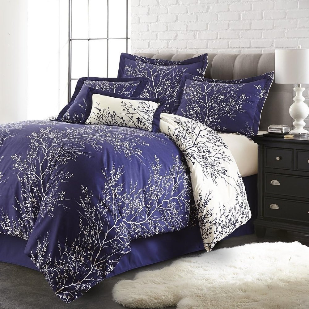 Spirit Linen - Queen Bed in a Bag, 6-Piece Oversized Reversible Bedding with Matching Shams & Bed Skirt, Elegant Home Decor for All Season (Foliage Navy/Ivory, Queen)