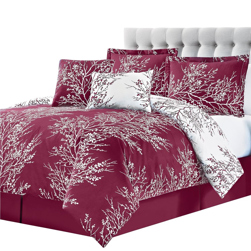 Spirit Linen - Queen Bed in a Bag, 6-Piece Oversized Reversible Bedding with Matching Shams & Bed Skirt, Elegant Home Decor for All Season (Foliage Burgundy/Ivory, Queen)