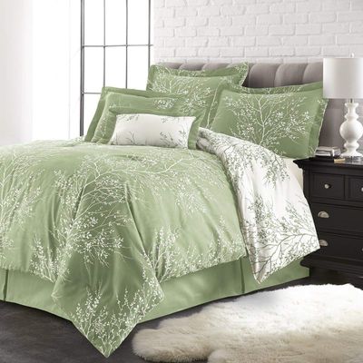 Spirit Linen - Queen Bed in a Bag, 6-Piece Oversized Reversible Bedding with Matching Shams & Bed Skirt, Elegant Home Decor for All Season (Foliage Sage/Ivory, Queen)