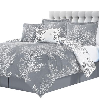 Spirit Linen - Queen Bed in a Bag, 6-Piece Oversized Reversible Bedding with Matching Shams & Bed Skirt, Elegant Home Decor for All Season (Foliage Grey/Ivory, Queen)