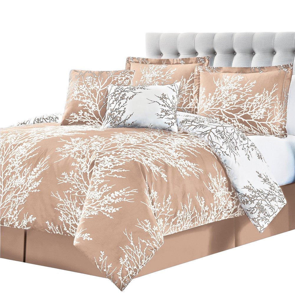 Spirit Linen - King Bed in a Bag, 6-Piece Oversized Reversible Bedding with Matching Shams & Bed Skirt, Elegant Home Decor for All Season (Foliage Taupe/Ivory, King)