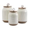 TTU Tabletops Gallery Ceramic Canister Collection- Stoneware Designed Kitchen Storage Embossed Acacia Wood White Set, 3 Piece Embossed Ziggy White Canister Set view 1