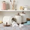 TTU Tabletops Gallery Ceramic Canister Collection- Stoneware Designed Kitchen Storage Embossed Acacia Wood White Set, 3 Piece Embossed Ziggy White Canister Set view 2