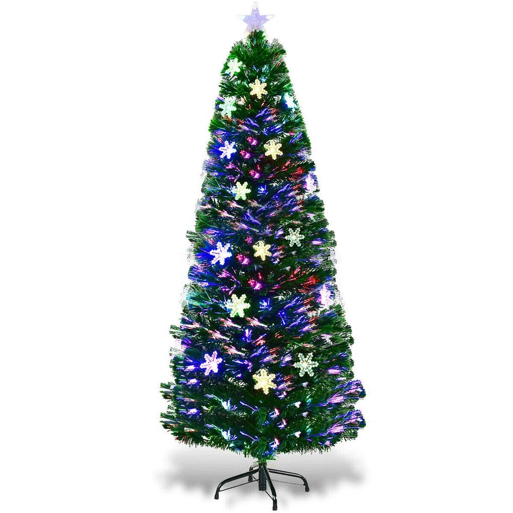 6FT Pre-Lit Fiber Optic Artificial Christmas Tree w/Multicolor Lights Snowflakes
