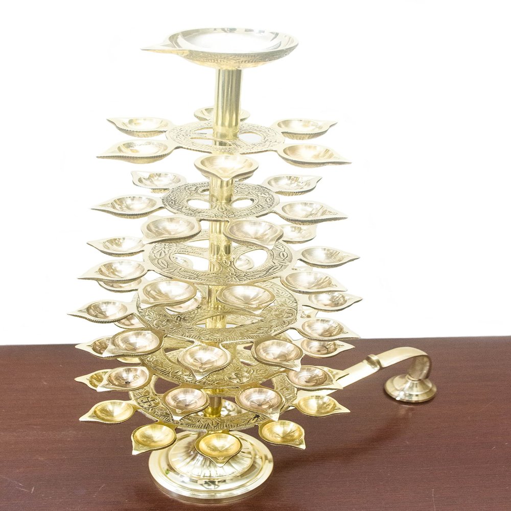 Tangerine Traditional 51-Petal Brass Ganga Aarti Diya | 7-Tier Step Oil Lamp | 20 Inches Tall | Handcrafted Temple Diya for Puja, Aarti, and Festivals
