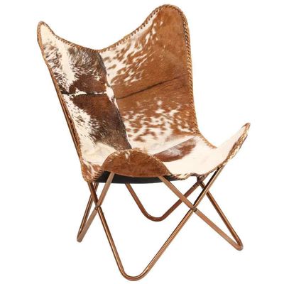 Shy Shy Lets Touch The Sky Home Decor Genuine Goat Leather Butterfly Arm Chair with Black/Brown White Hair on Cowhide Accent Chair (White and Brown with Rose Gold)