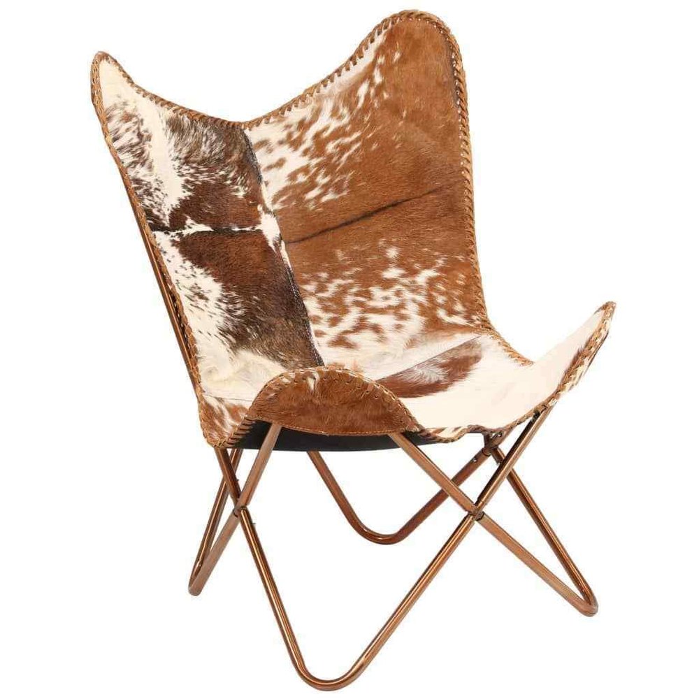 Shy Shy Lets Touch The Sky Home Decor Genuine Goat Leather Butterfly Arm Chair with Black/Brown White Hair on Cowhide Accent Chair (White and Brown with Rose Gold)
