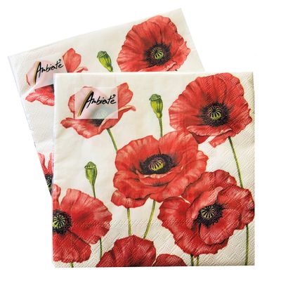 20-ct 13x13 Valentine's Napkins Decorative for Decoupage Red Poppy Floral Paper for Mother's Father's Day Red Pretty Flower Napkins gorgeous for Lunch Dinner 6.5 x 6.5 x 1 inches