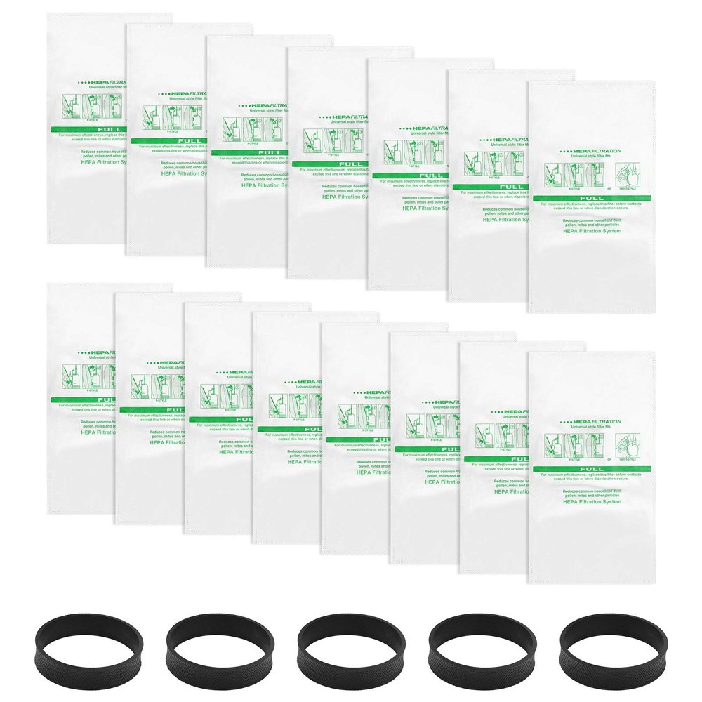15 +5 Pack 204814 HEPA Filter Bags plus Belts, for Kirby Vacuum Bags 204811 204808 205811, Universal White Cloth Bags Fit for Sentria Models & All Generation with F-Style and Twist-Style
