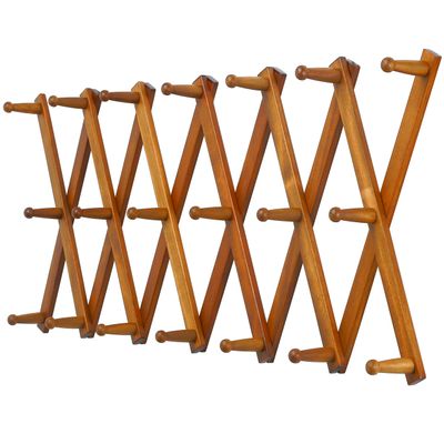Dseap Accordian Wall Hanger: 16 High Wooden Wall Expandable Coat Rack, Hat Rack Holder, Accordion Hook for Baseball Caps, Coats, Mugs, 20 Peg Hooks, Brown