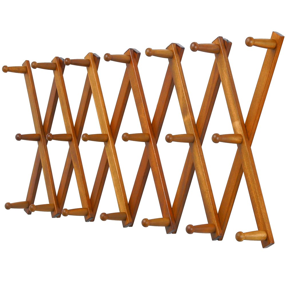 Dseap Accordian Wall Hanger: 16 High Wooden Wall Expandable Coat Rack, Hat Rack Holder, Accordion Hook for Baseball Caps, Coats, Mugs, 20 Peg Hooks, Brown
