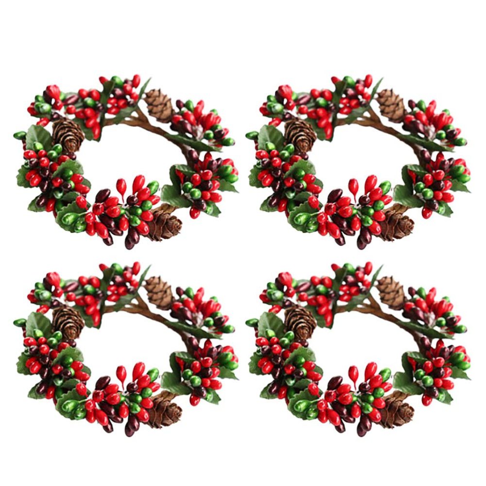 4Pcs Christams Candle Rings Red Berry Candle Rings Wreaths with Pine Cones Mini Christmas Wreath Table Decorations Centerpieces for Pillars Christmas Holiday Party