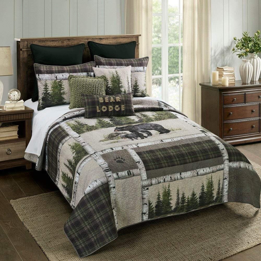 3piece Charcoal Grey Lodge Style Quilt King Size for Adult Patchwork Inspired Beautiful Forest Plaid Bear Pine Trees Paw Print Warm Soft Bedding Traditional Cabin Look Rustic Green Quilt Set King Sham