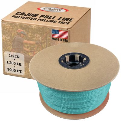 Cajun Tie Downs Pull Line 1/2 Inch, 1,200 lb, Flat Polyester Pulling Tape, Conduit Wire Pulling, Made in USA, Turquoise, 3000 ft