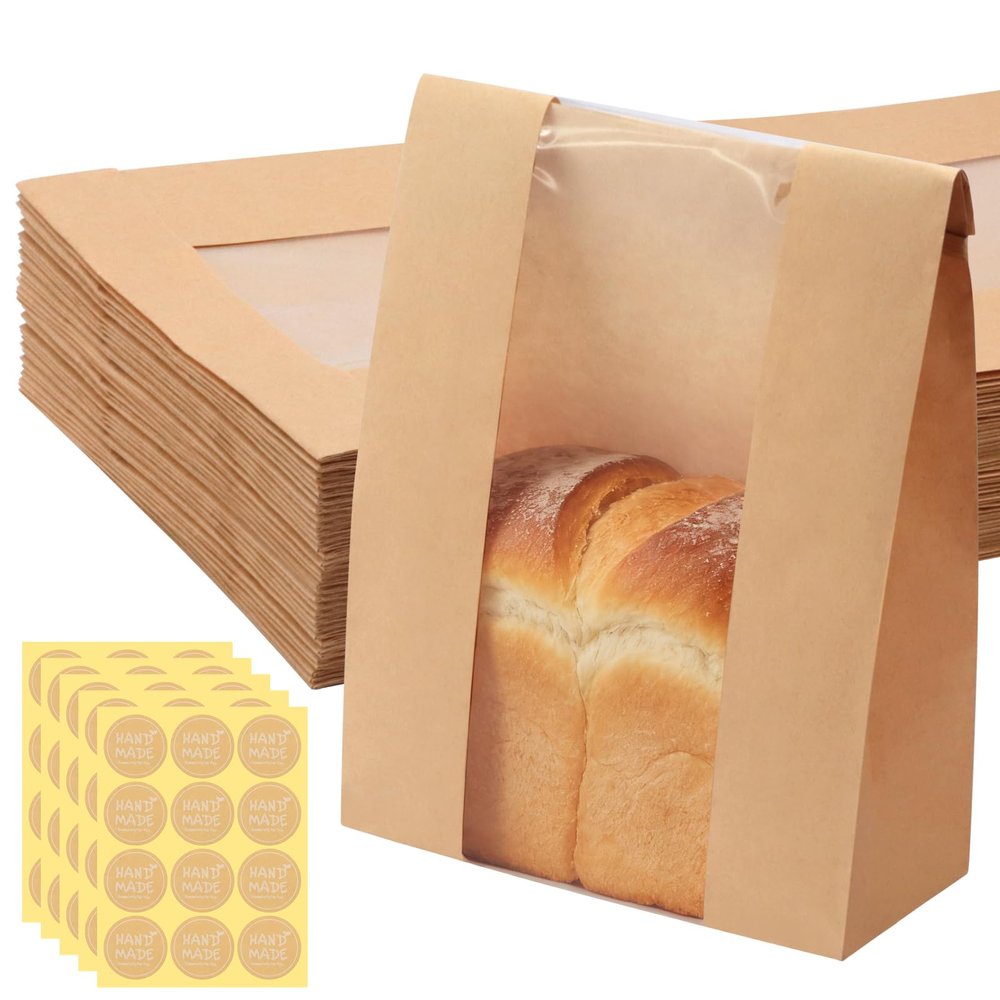 Twdrer 50 Pack Large Kraft Paper Bread Loaf Bag with Clear Front Window,Tin Tie Tab Lock Brown Bakery Coffee Cookie Treat Packaging Bags with 60 PCS Label Seal stickers(14" x 8.3" x 3.5")
