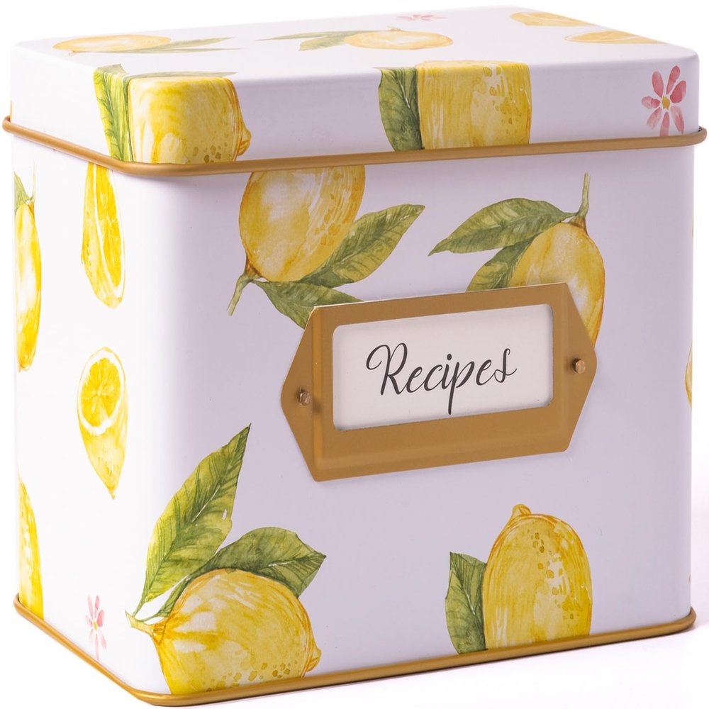 Heart & Berry Lemon Recipe Box with 24 4x6 Cards and 12 Dividers - Recipe Tin for 4 X 6 Inches Recipe Cards